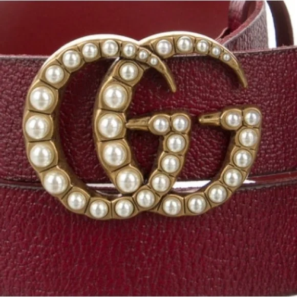 Gucci Gold and Red Belt with Iconic GG Logo Gucci Double G Buckle Marmont Red Leather Belt main image 3